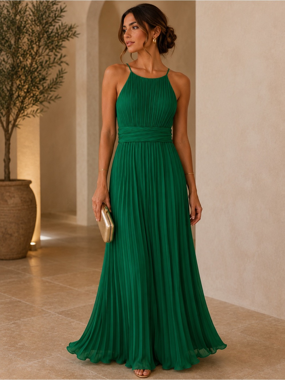 Dress Day Green Pleated Halter Maxi Dress